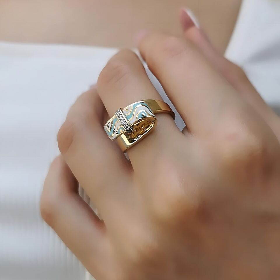 14 AYAR TURKUAZ VE BEYAZ MİNELİ ÖZEL TASARIM İTALYAN ALTIN YÜZÜK