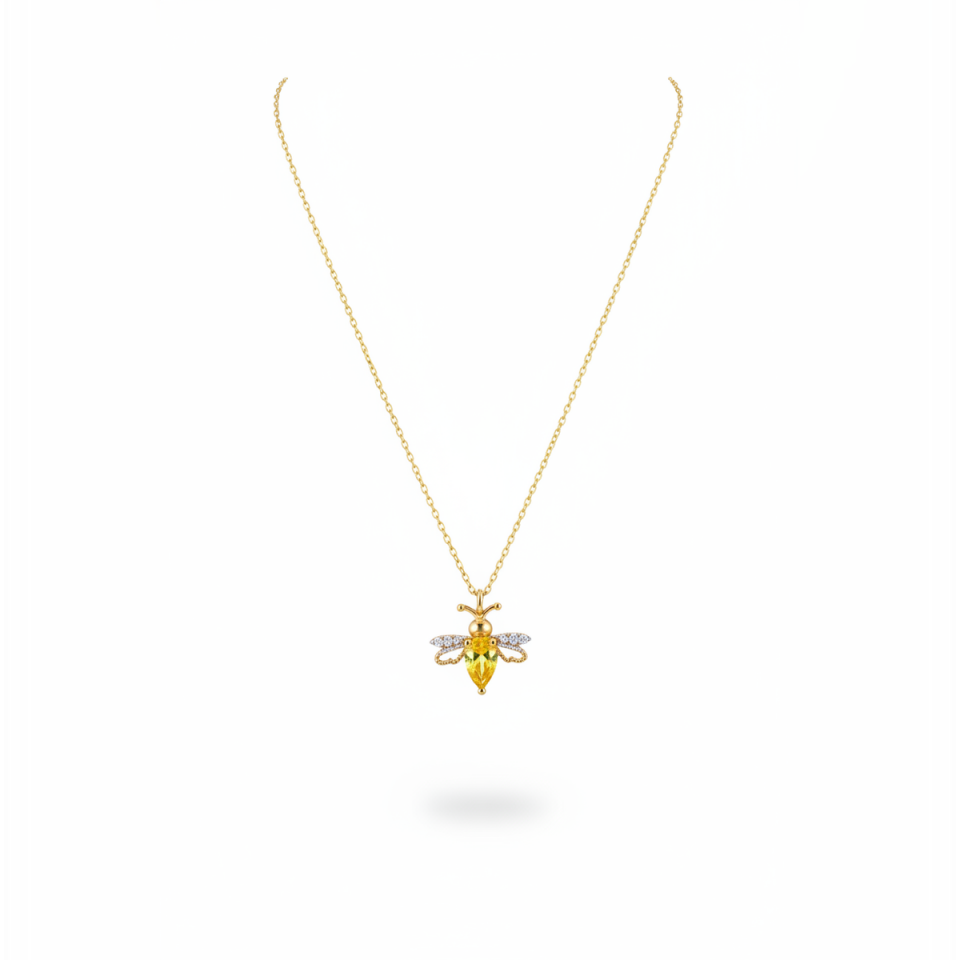 14 AYAR ÖZEL TASARIM ARI TASARIM 0,04 CT PIRLANTA TAŞLI CİTRİN SARI TAŞLI ALTIN KOLYE