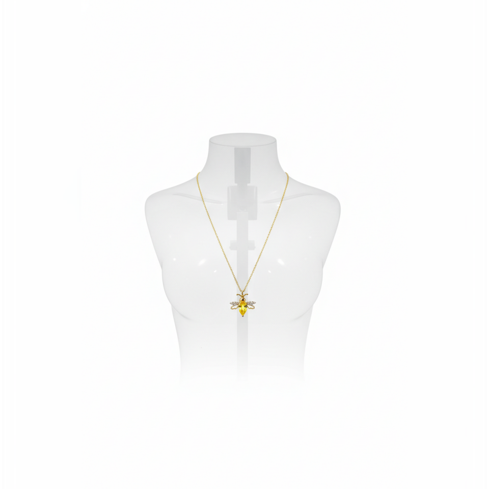 14 AYAR ÖZEL TASARIM ARI TASARIM 0,04 CT PIRLANTA TAŞLI CİTRİN SARI TAŞLI ALTIN KOLYE