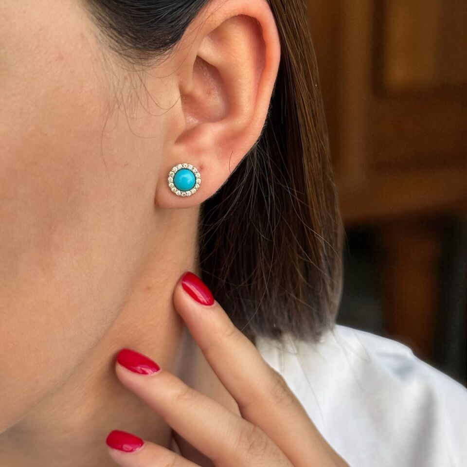 14 AYAR YUVARLAK FİRUZE TAŞLI ALTIN KÜPE