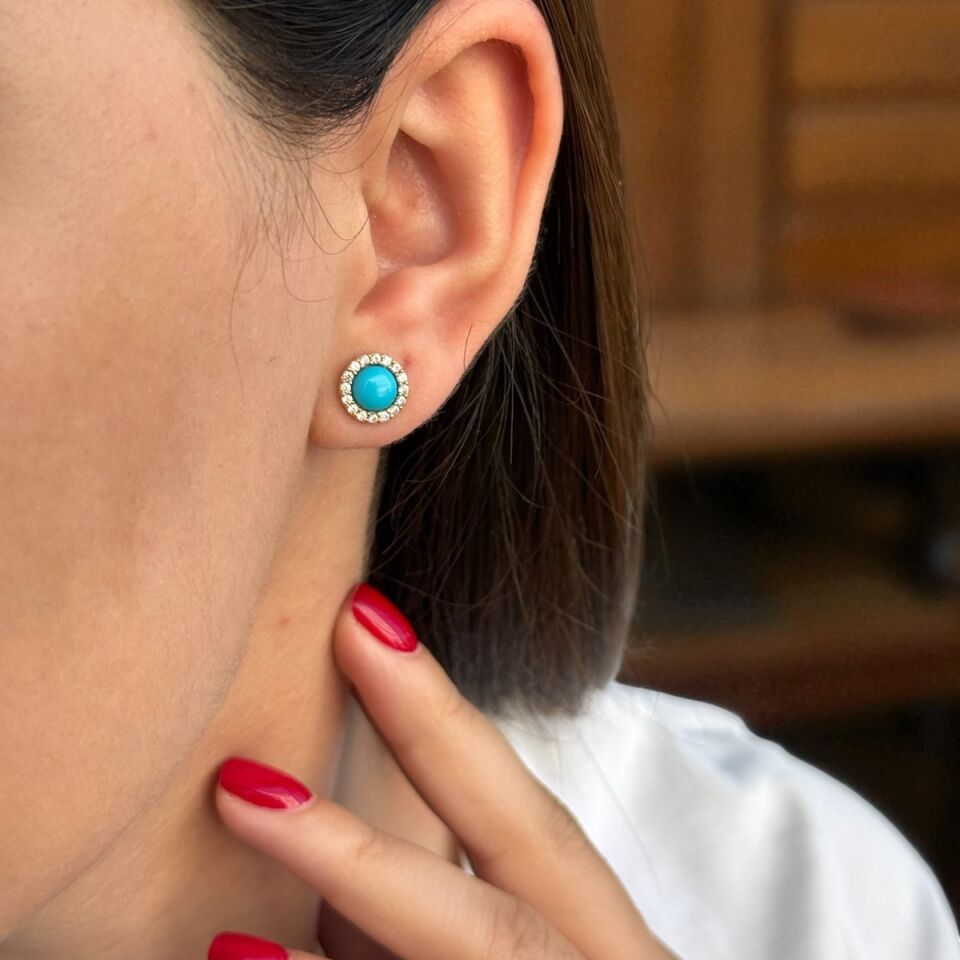 14 AYAR YUVARLAK FİRUZE TAŞLI ALTIN KÜPE