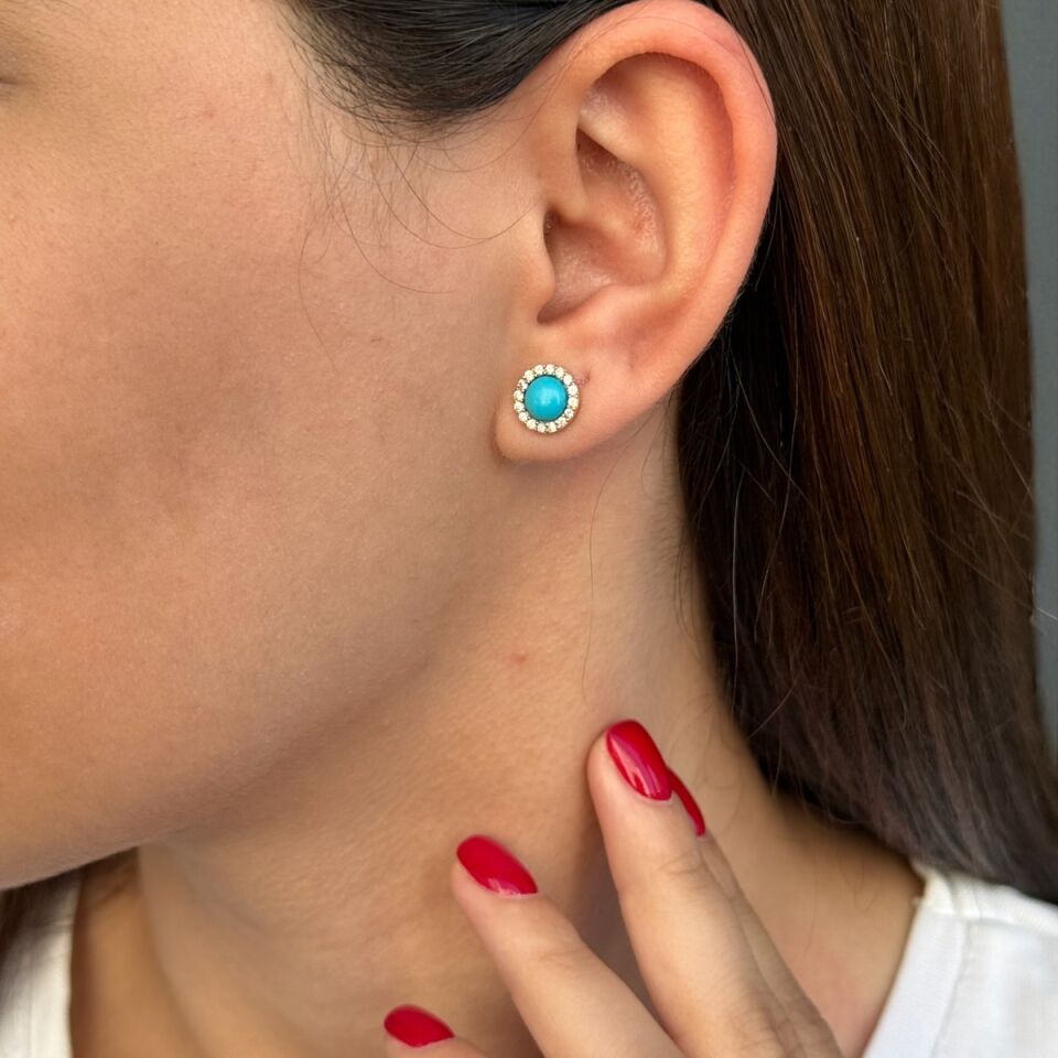 14 AYAR YUVARLAK FİRUZE TAŞLI ALTIN KÜPE