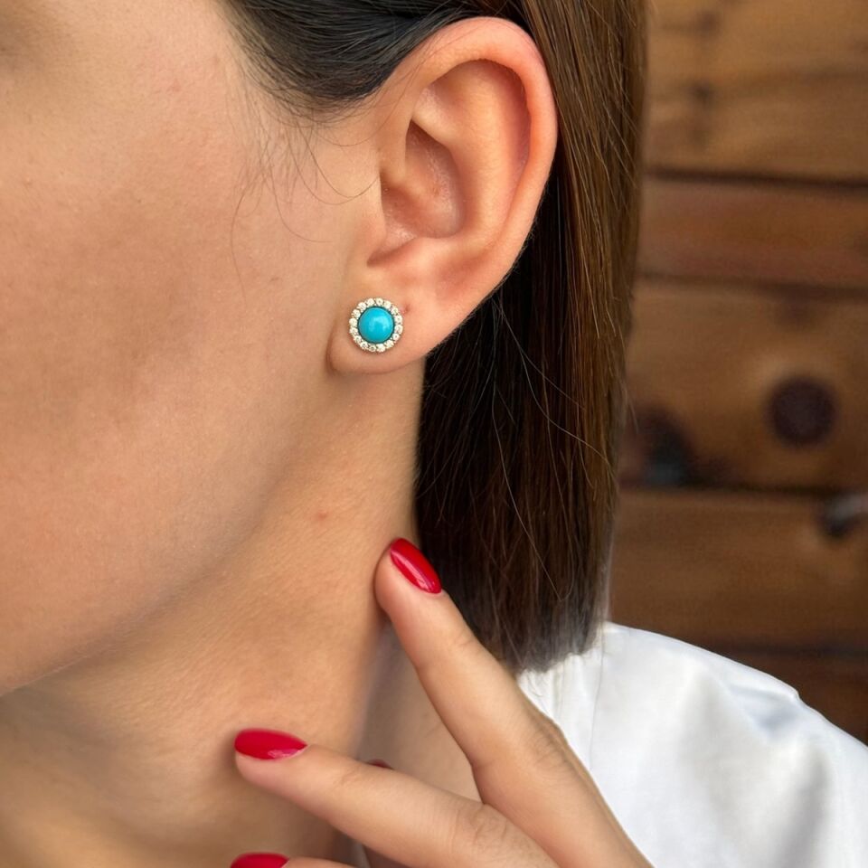 14 AYAR YUVARLAK FİRUZE TAŞLI ALTIN KÜPE