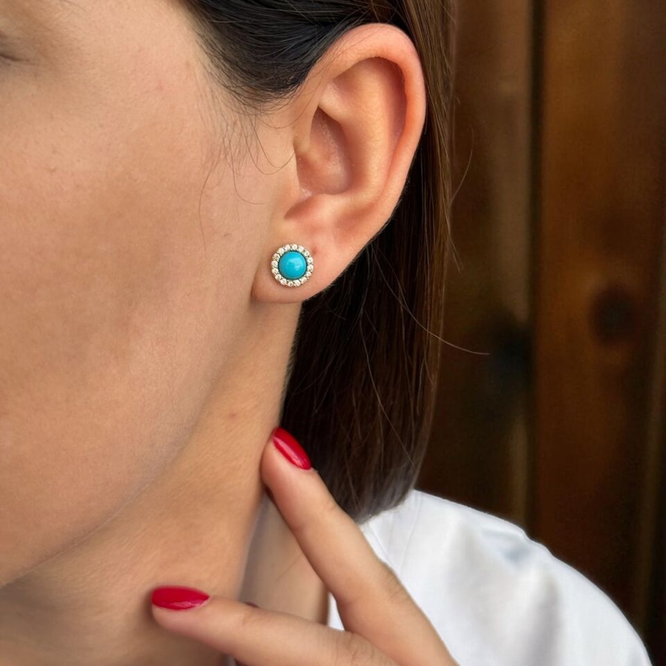 14 AYAR YUVARLAK FİRUZE TAŞLI ALTIN KÜPE