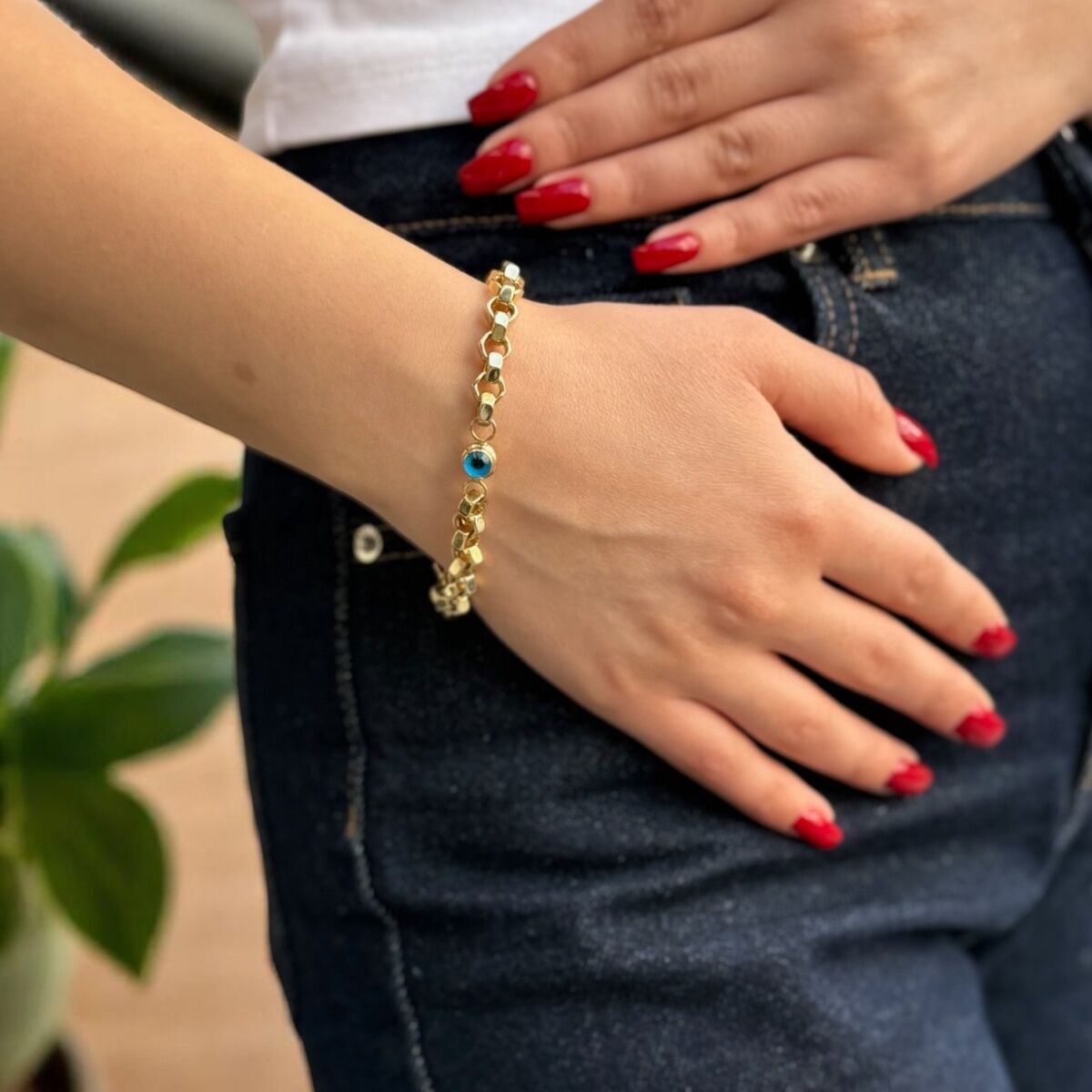 14 Ayar Nazar Boncuklu Altıgen Doc Özel Tasarım Altın Bileklik