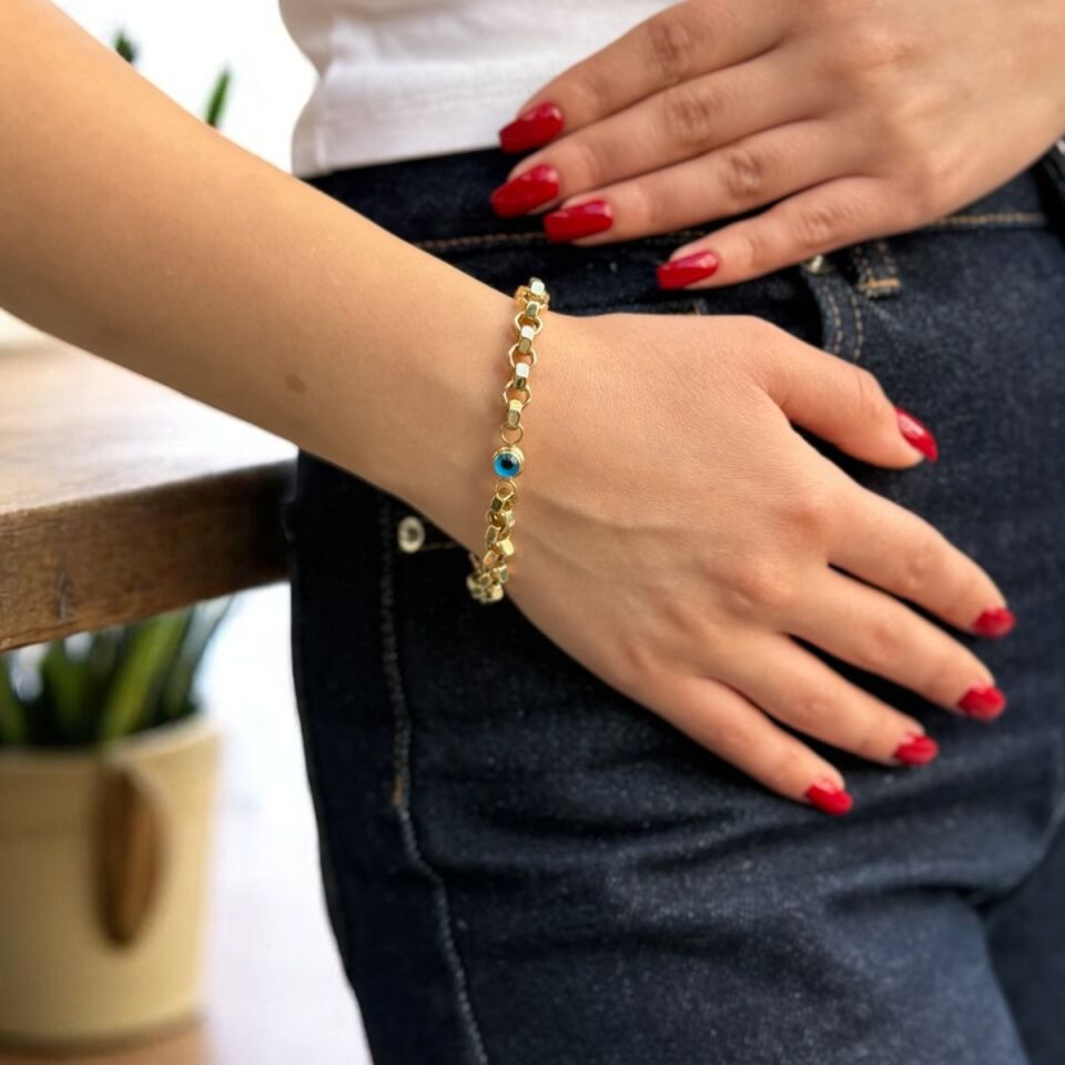 14 Ayar Nazar Boncuklu Altıgen Doc Özel Tasarım Altın Bileklik