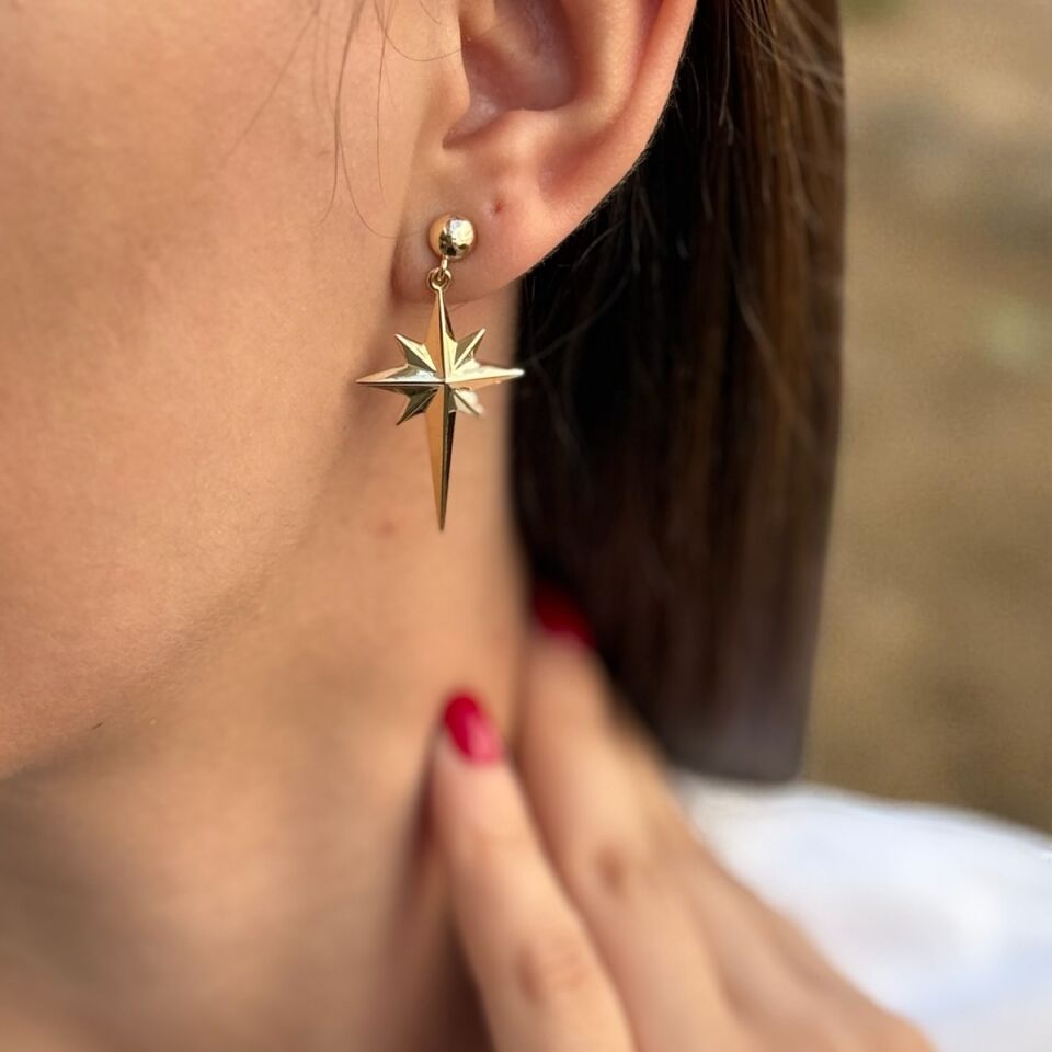 14 AYAR ÇİFT TARAFLI BOMBE İTALYAN KUTUPYILDIZI ALTIN KÜPE