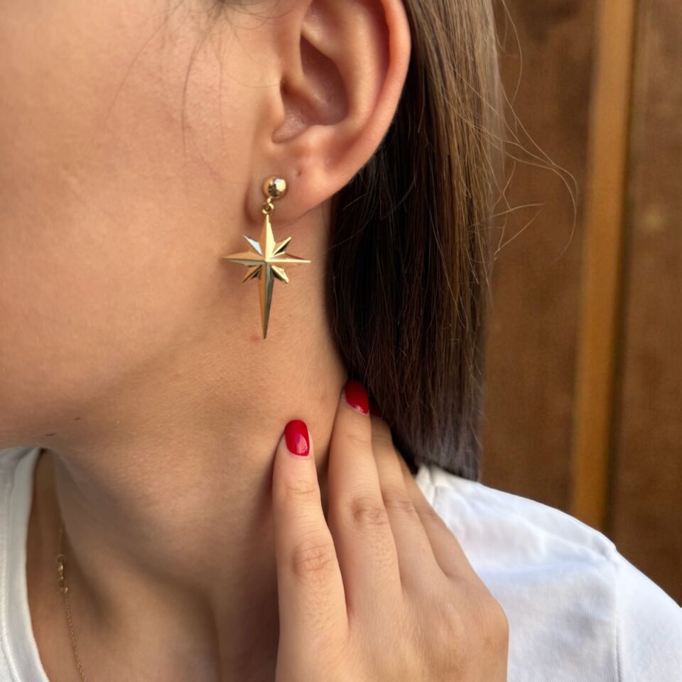 14 AYAR ÇİFT TARAFLI BOMBE İTALYAN KUTUPYILDIZI ALTIN KÜPE