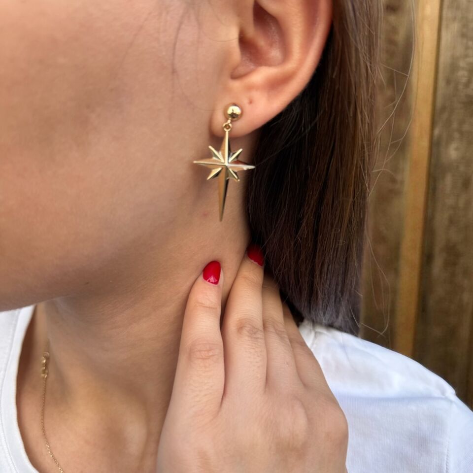 14 AYAR ÇİFT TARAFLI BOMBE İTALYAN KUTUPYILDIZI ALTIN KÜPE