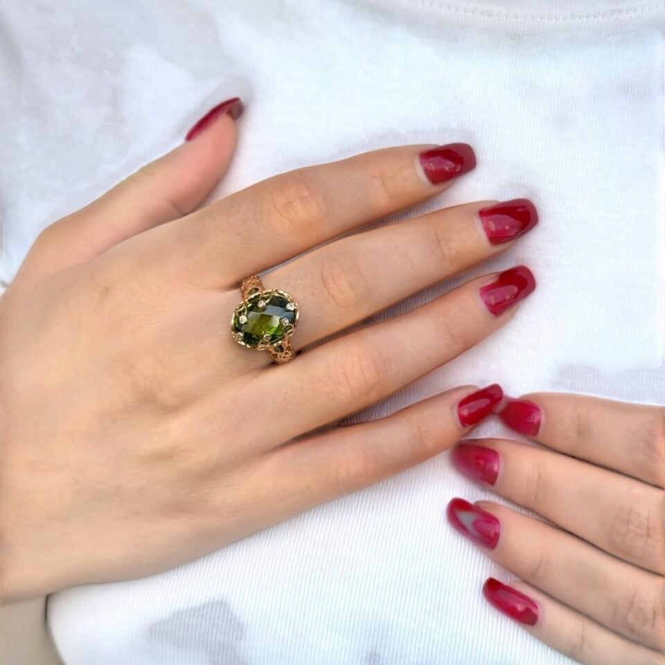 14 AYAR YEŞİL SİTRİN TAŞLI ÖZEL TASARIM İTALYAN ALTIN YÜZÜK