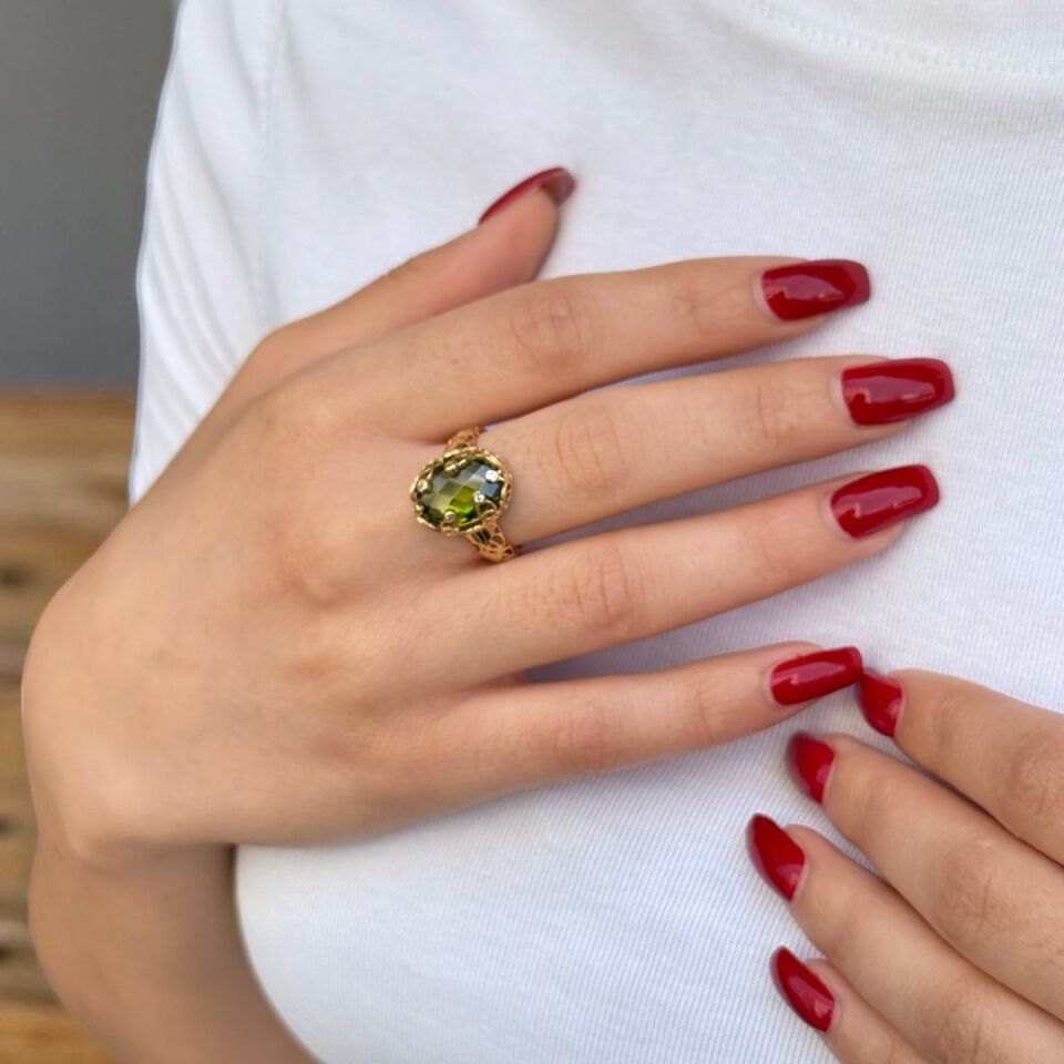 14 AYAR YEŞİL SİTRİN TAŞLI ÖZEL TASARIM İTALYAN ALTIN YÜZÜK