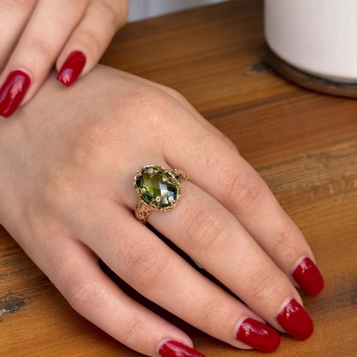 14 AYAR YEŞİL SİTRİN TAŞLI ÖZEL TASARIM İTALYAN ALTIN YÜZÜK