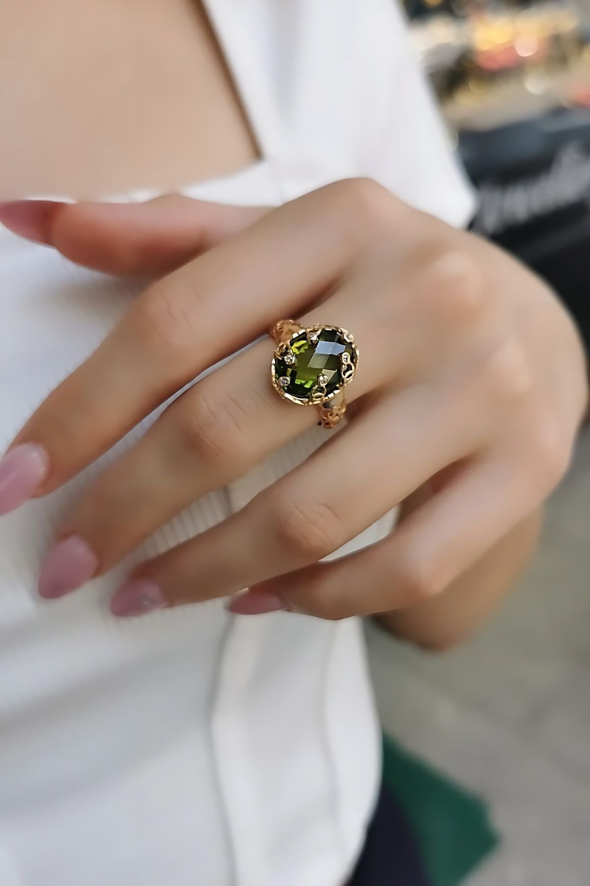 14 AYAR YEŞİL SİTRİN TAŞLI ÖZEL TASARIM İTALYAN ALTIN YÜZÜK 20