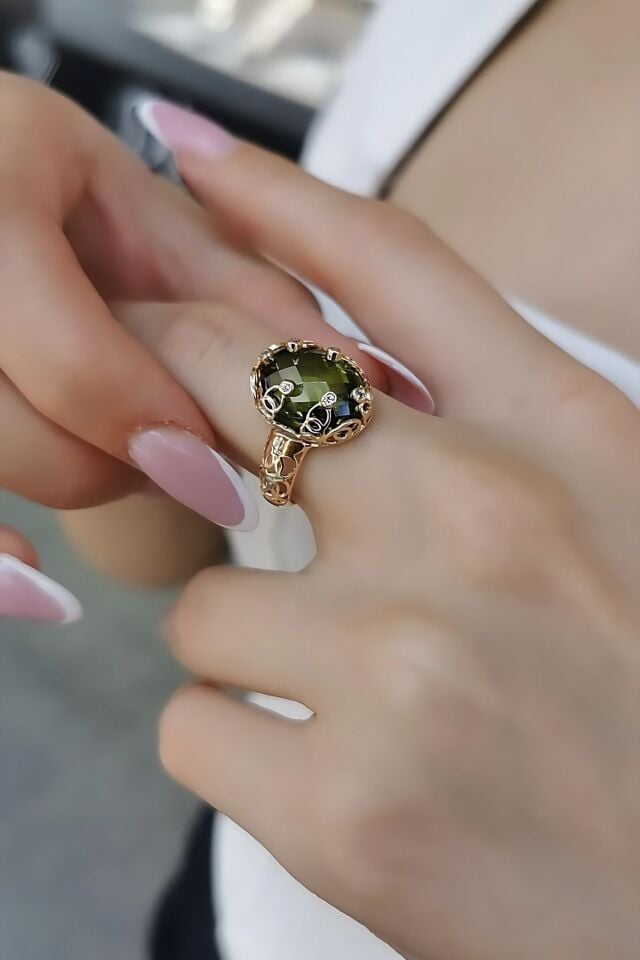 14 AYAR YEŞİL SİTRİN TAŞLI ÖZEL TASARIM İTALYAN ALTIN YÜZÜK 20