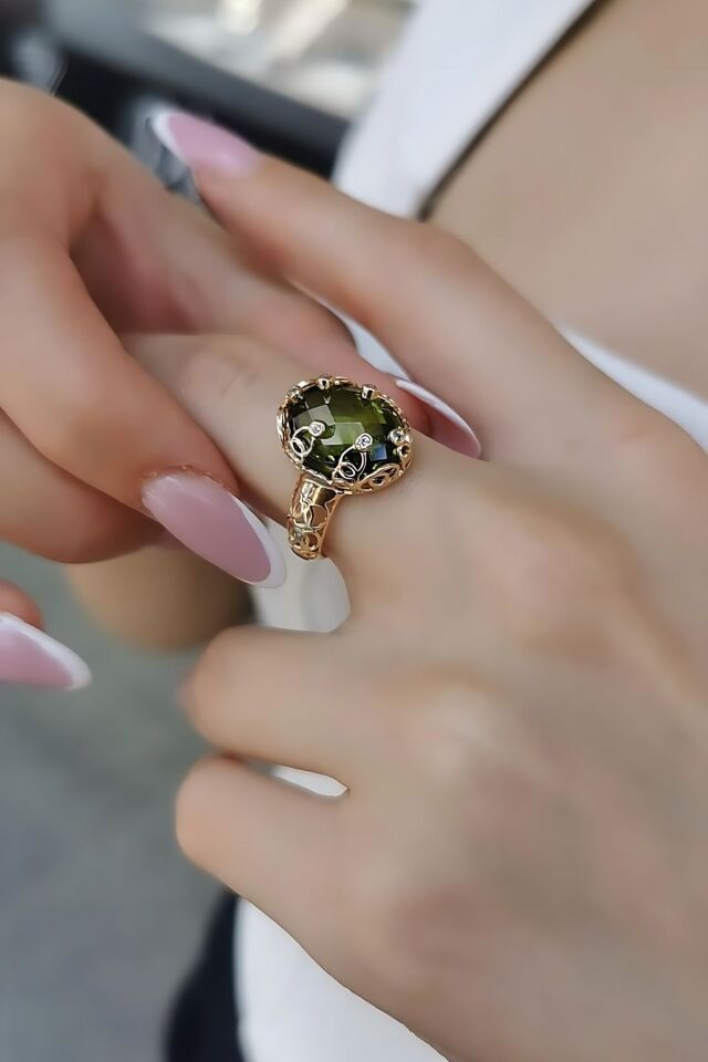 14 AYAR YEŞİL SİTRİN TAŞLI ÖZEL TASARIM İTALYAN ALTIN YÜZÜK 18