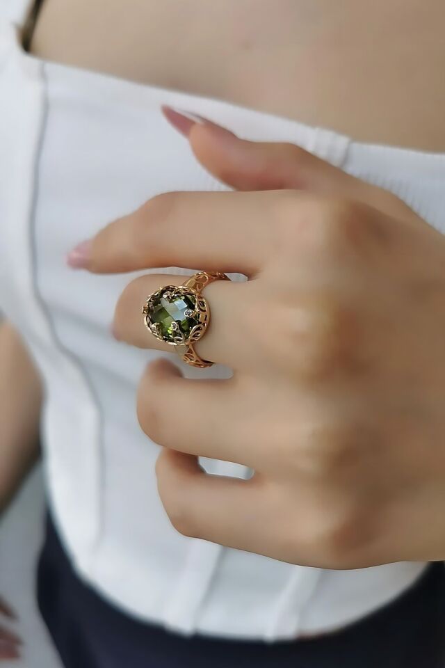 14 AYAR YEŞİL SİTRİN TAŞLI ÖZEL TASARIM İTALYAN ALTIN YÜZÜK 18