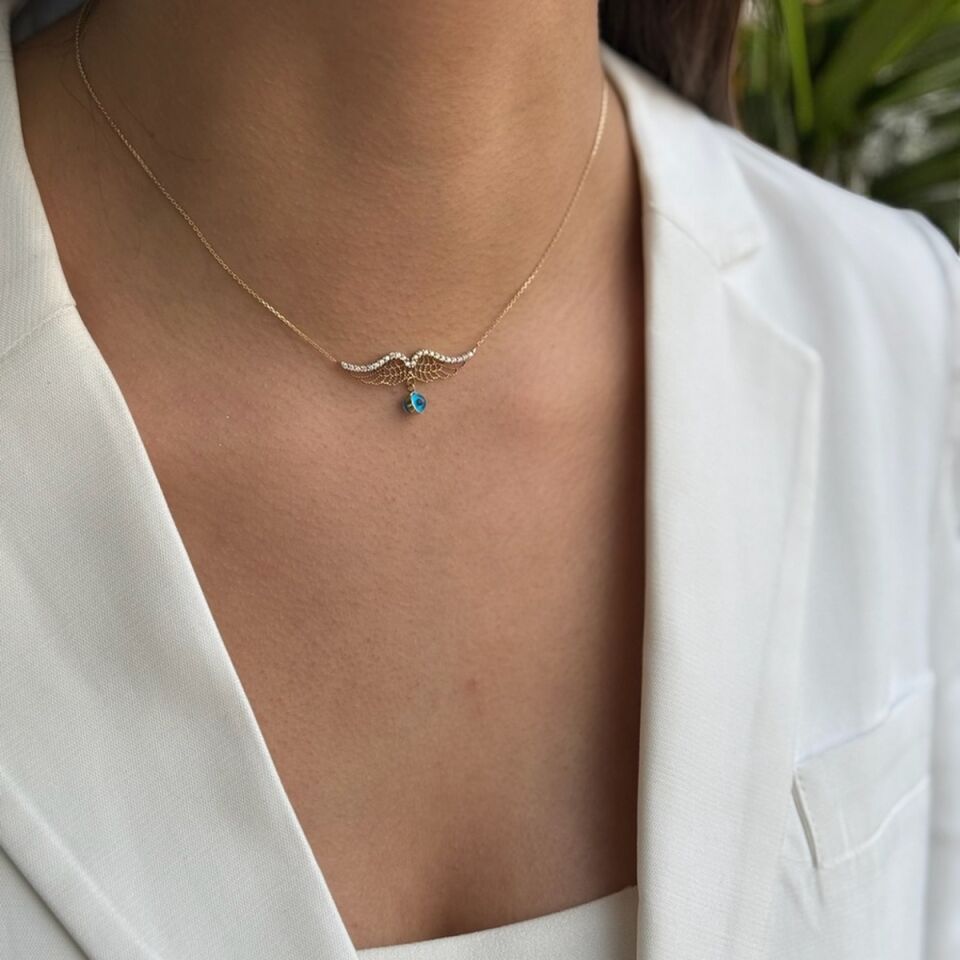 14 Ayar Nazar Göz Boncuklu Melek Kanadı Altın Kolye