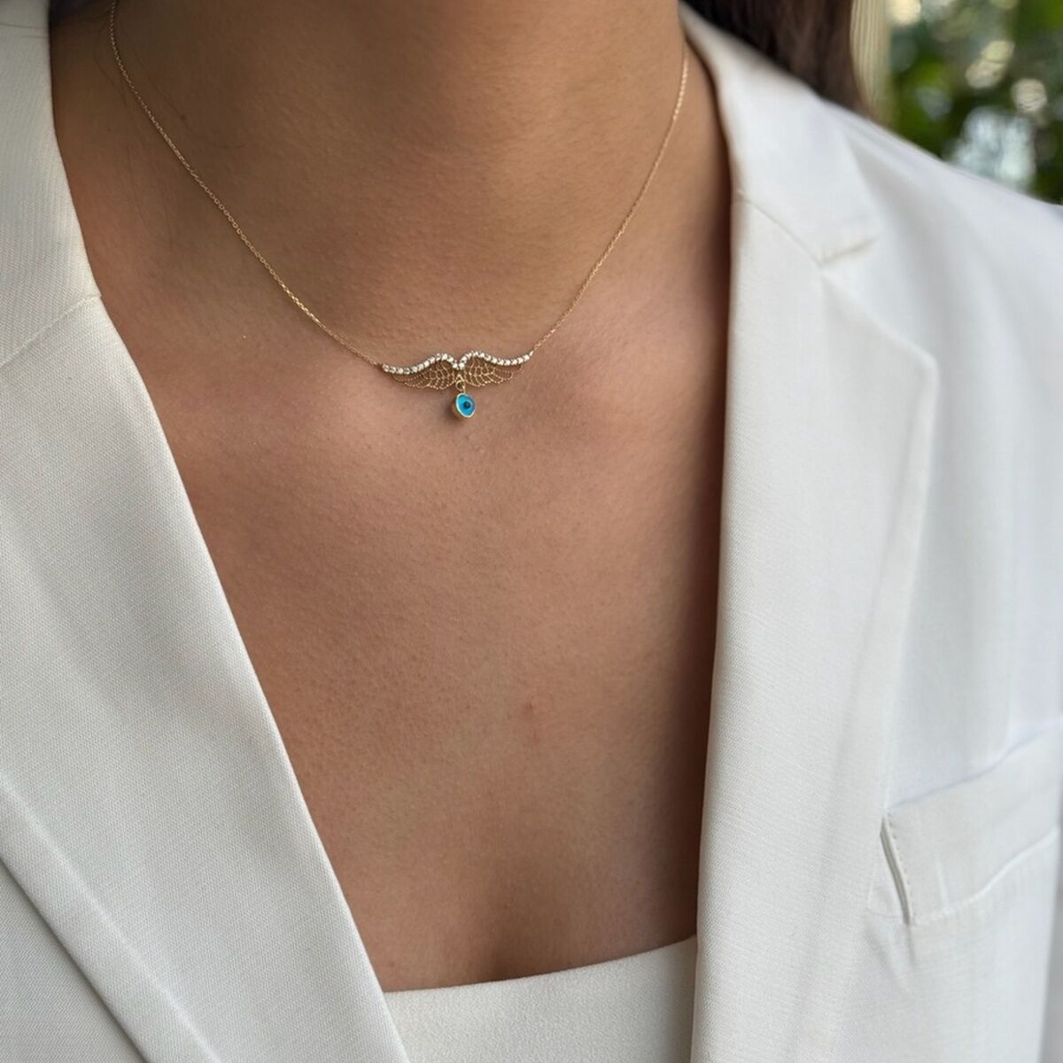 14 Ayar Nazar Göz Boncuklu Melek Kanadı Altın Kolye