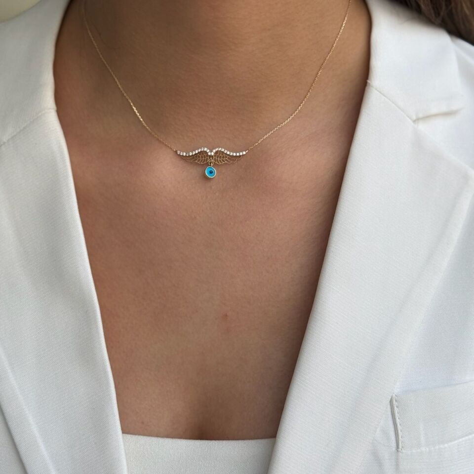 14 Ayar Nazar Göz Boncuklu Melek Kanadı Altın Kolye