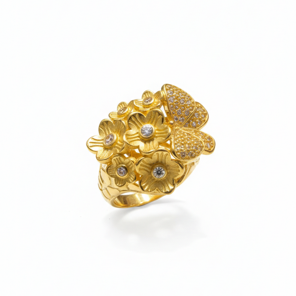 22 AYAR ÖZEL TASARIM ÇİÇEK VE KELEBEK MOTİFLİ ALTIN YÜZÜK
