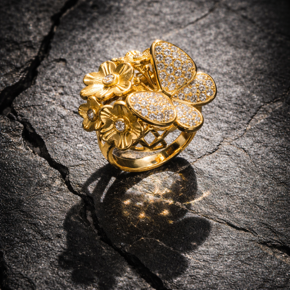 22 AYAR ÖZEL TASARIM ÇİÇEK VE KELEBEK MOTİFLİ ALTIN YÜZÜK
