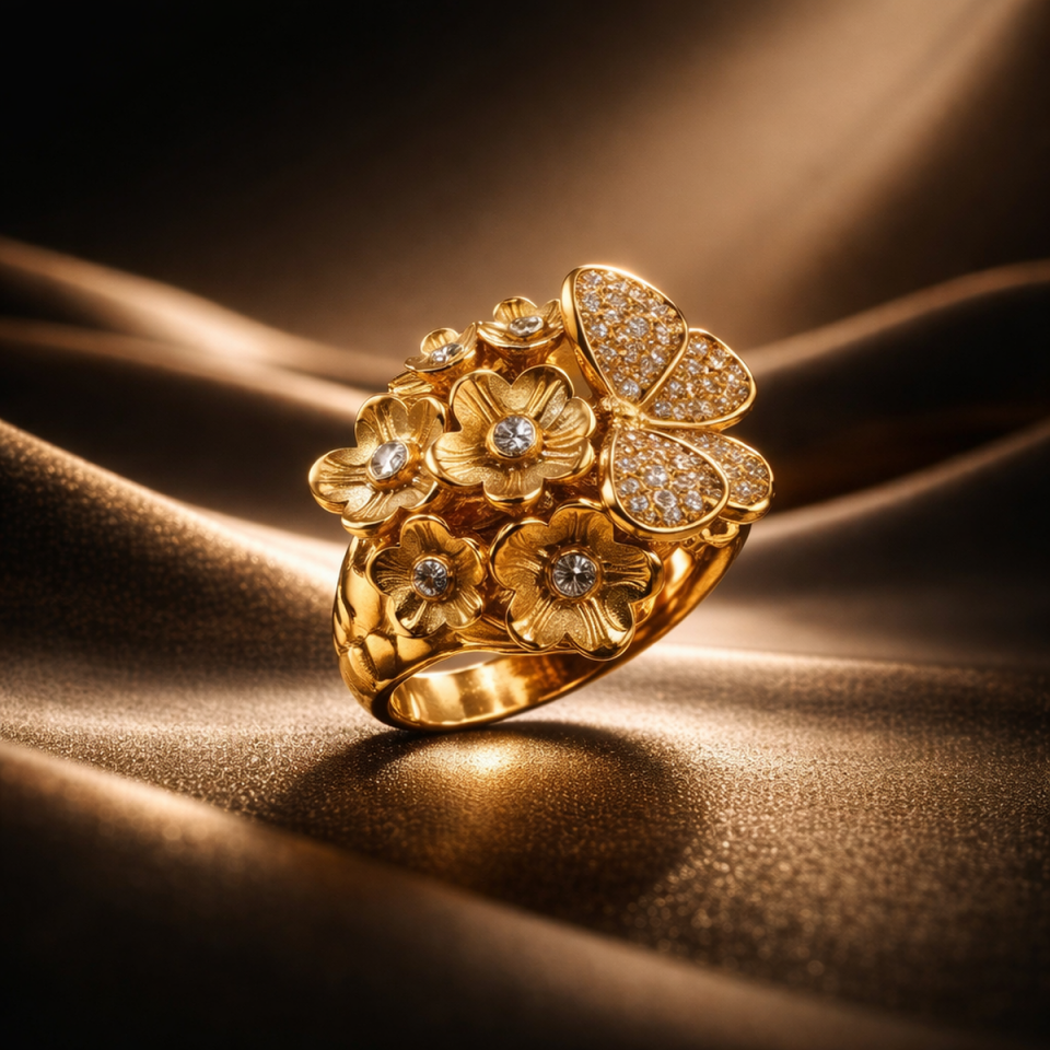 22 AYAR ÖZEL TASARIM ÇİÇEK VE KELEBEK MOTİFLİ ALTIN YÜZÜK