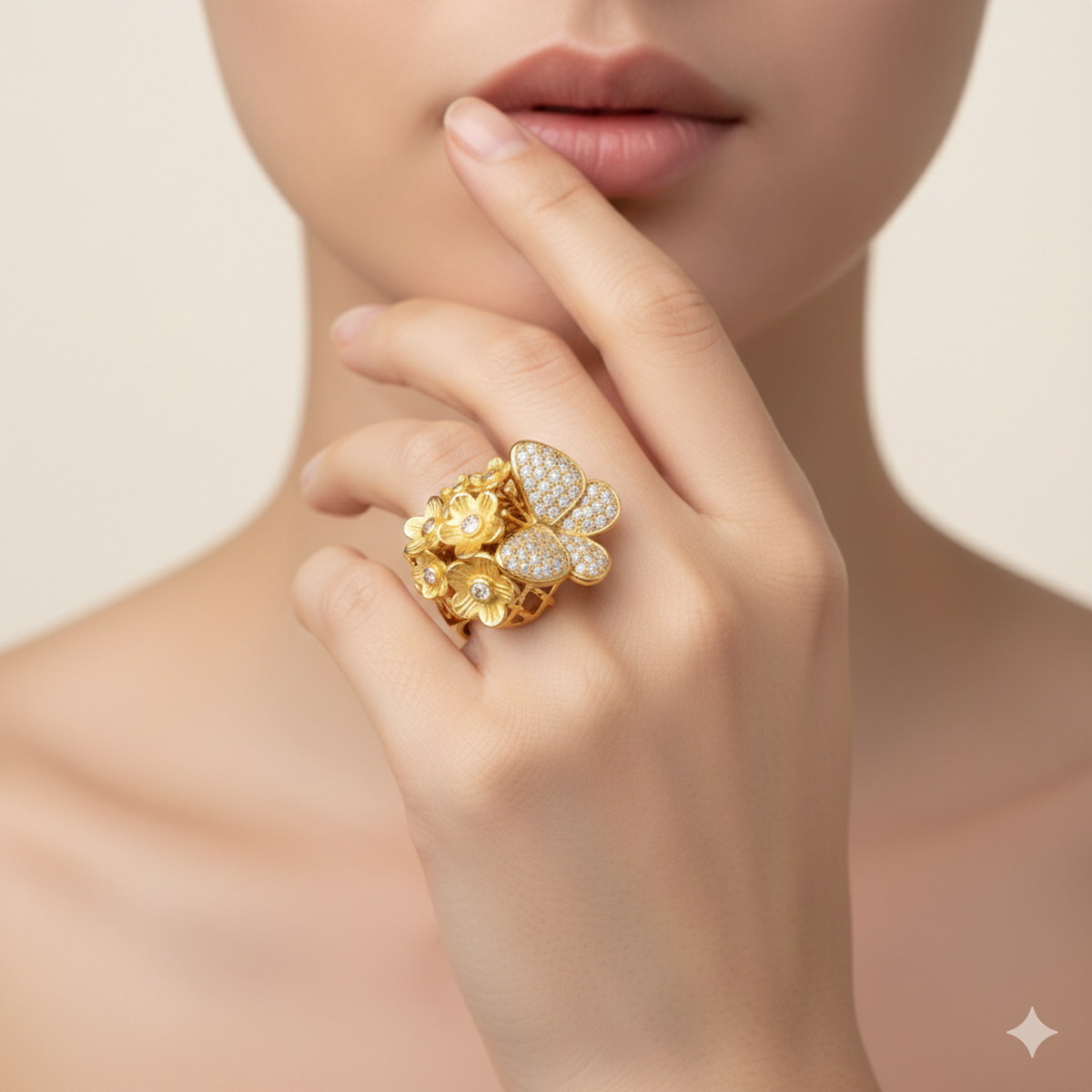 22 AYAR ÖZEL TASARIM ÇİÇEK VE KELEBEK MOTİFLİ ALTIN YÜZÜK