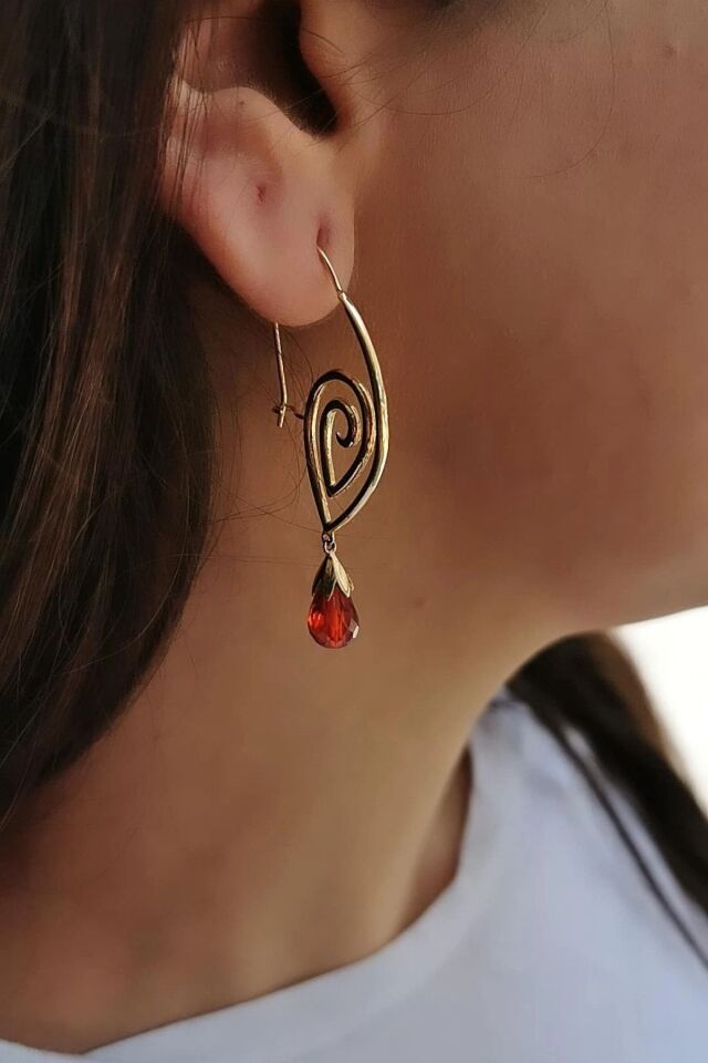 14 Ayar Garnet Drop Kristal Taşlı Özel Tasarım Altın Küpe