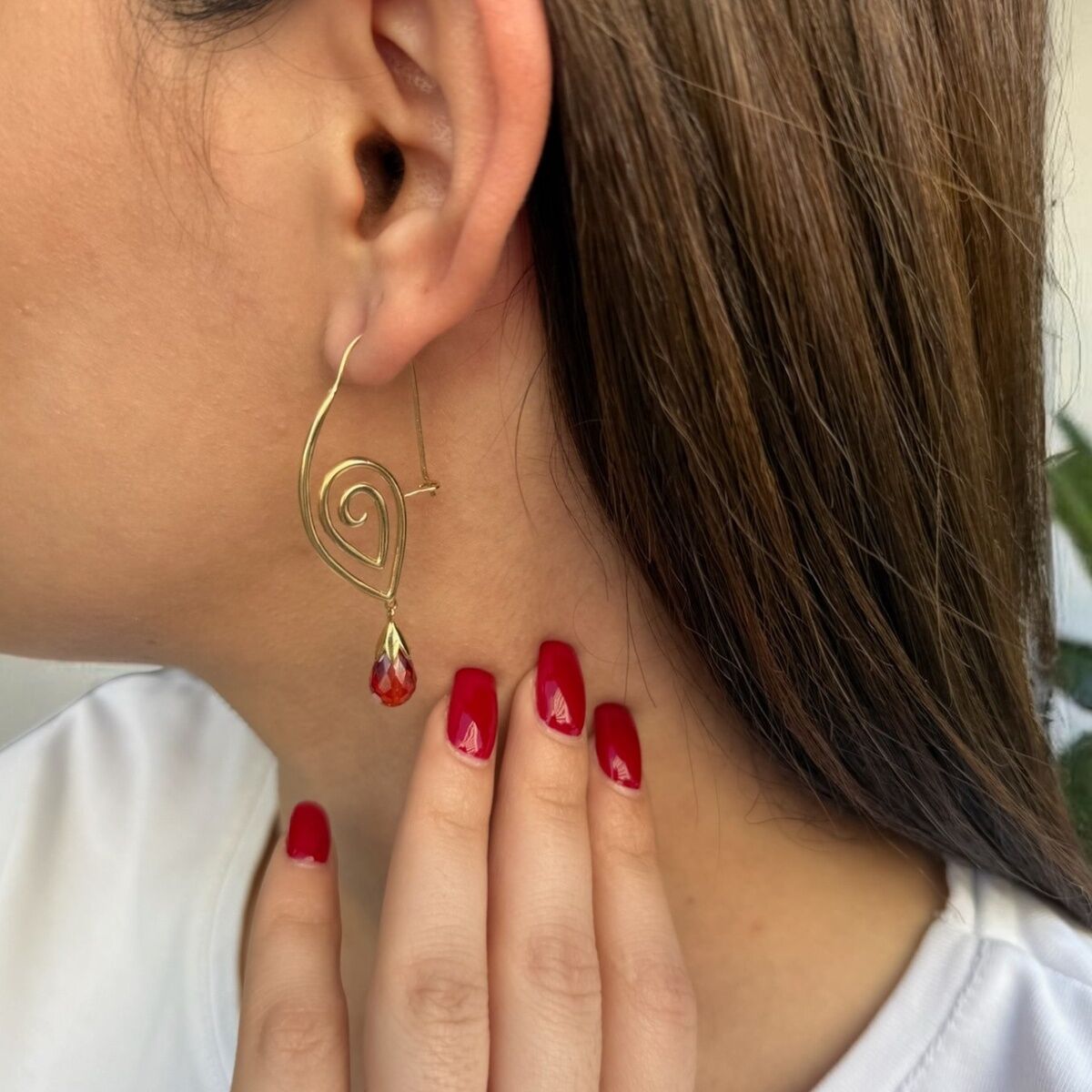 14 Ayar Garnet Drop Kristal Taşlı Özel Tasarım Altın Küpe