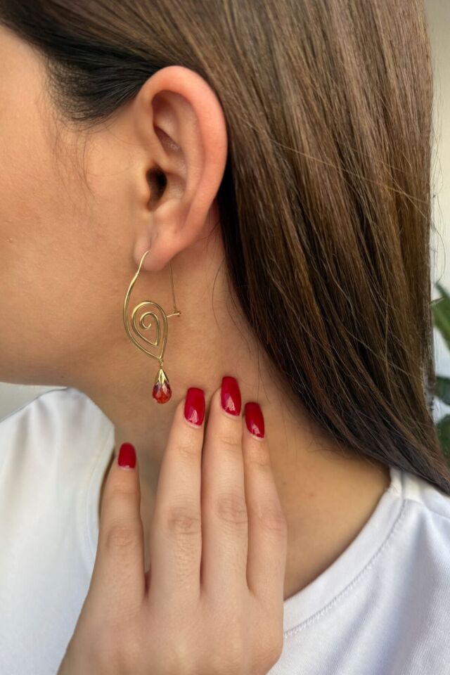14 Ayar Garnet Drop Kristal Taşlı Özel Tasarım Altın Küpe