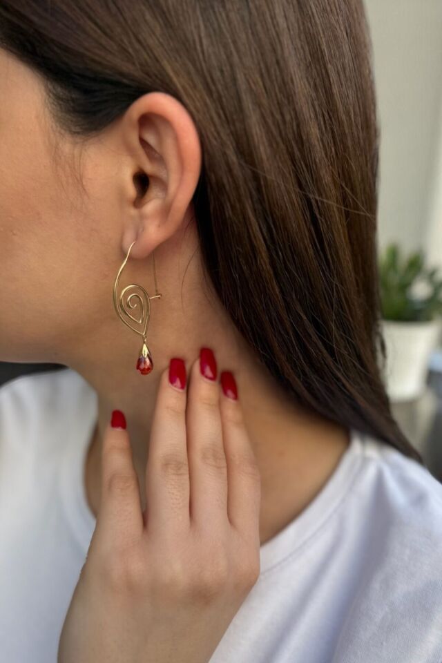14 Ayar Garnet Drop Kristal Taşlı Özel Tasarım Altın Küpe