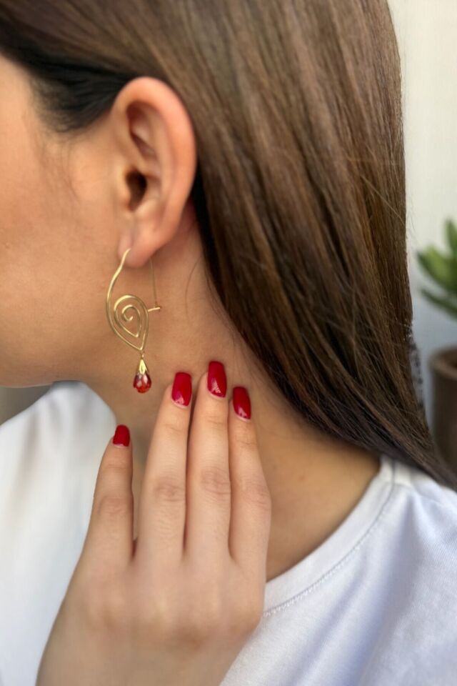 14 Ayar Garnet Drop Kristal Taşlı Özel Tasarım Altın Küpe