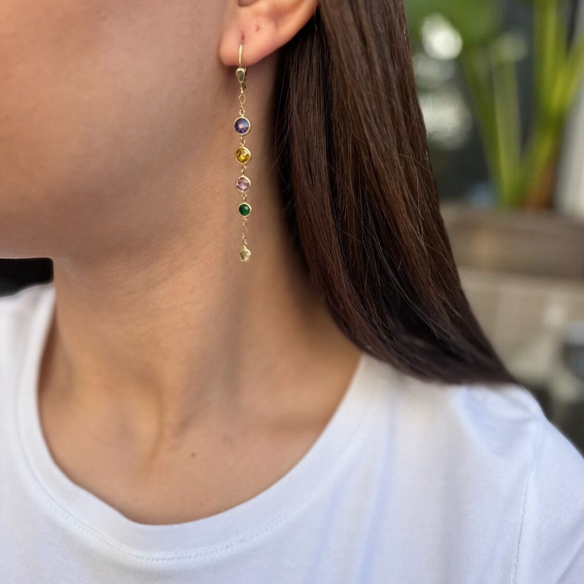 14 Ayar Renkli Taşlı El Yapımı Zincir Küpe