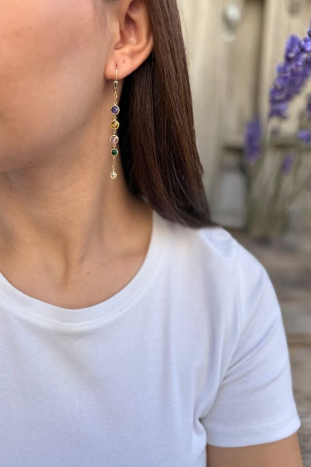 14 Ayar Renkli Taşlı El Yapımı Zincir Küpe