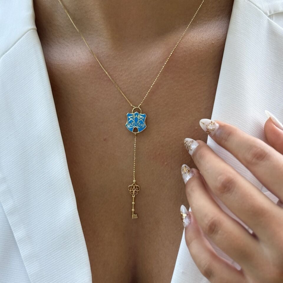 14 AYAR MAVİ MİNELİ İTALYAN ANAHTAR VE KİLİT ALTIN KOLYE