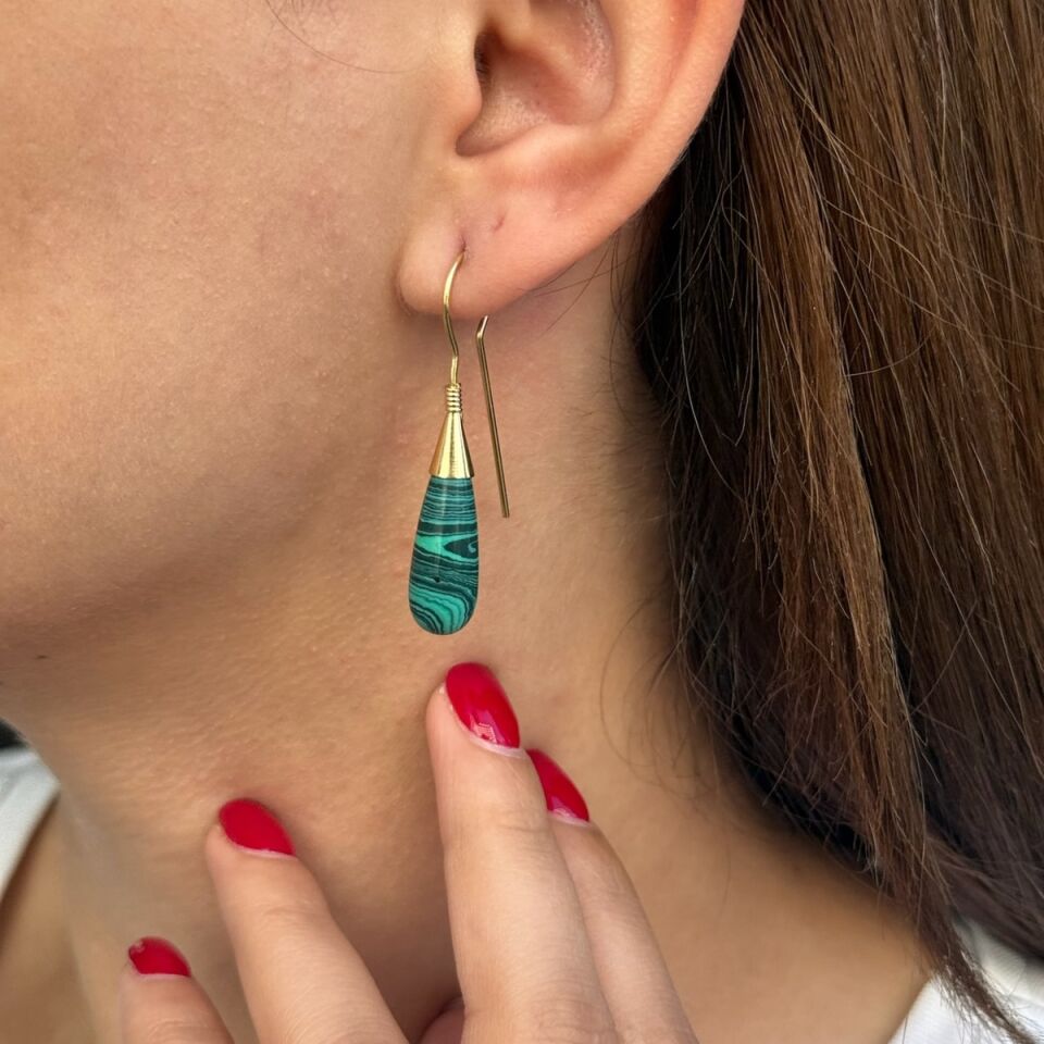 14 Ayar Malahit Taşlı El Yapımı Sallantılı Altın Küpe