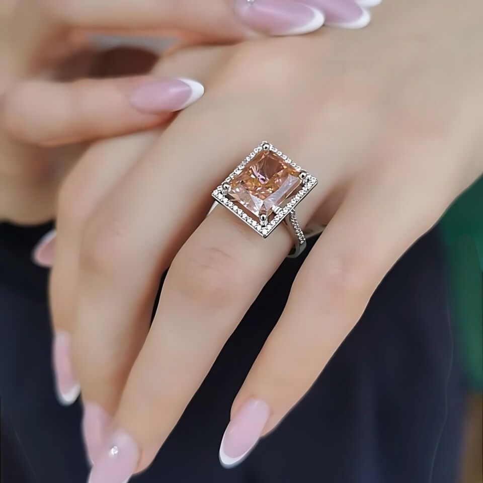 14 AYAR BAGET KESİM MORGANİTE PEMBE TAŞLI  ÖZEL TASARIM  BEYAZ ALTIN YÜZÜK