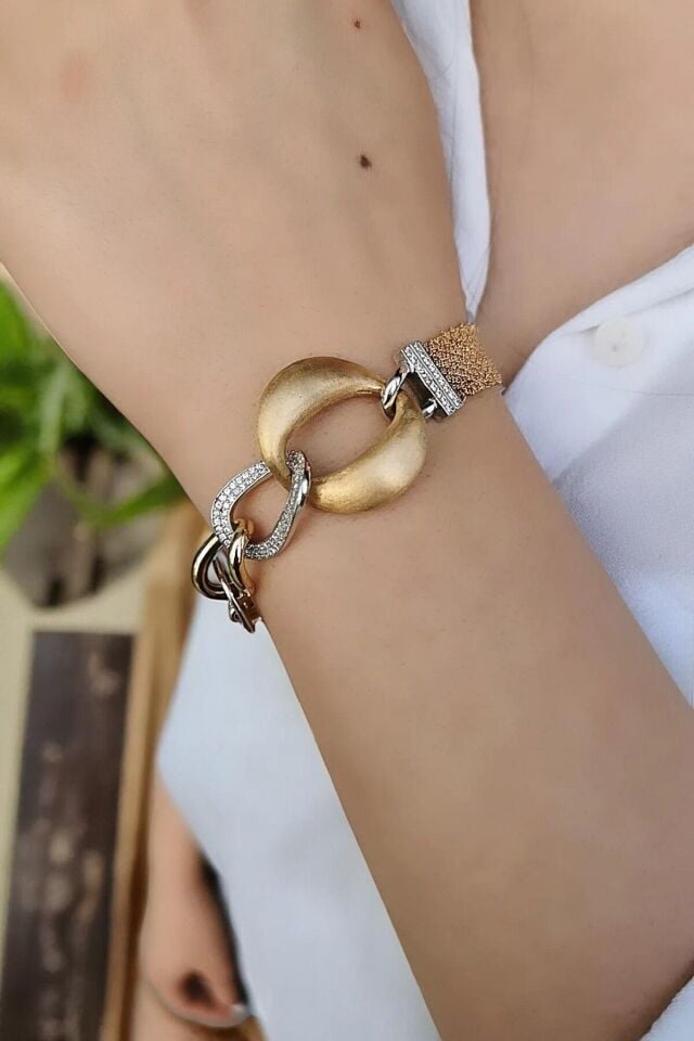 14 Ayar Italyan Tasarım, Bir Tarafı Altın Örme, Diğer Tarafı Halkalı Altın Bileklik