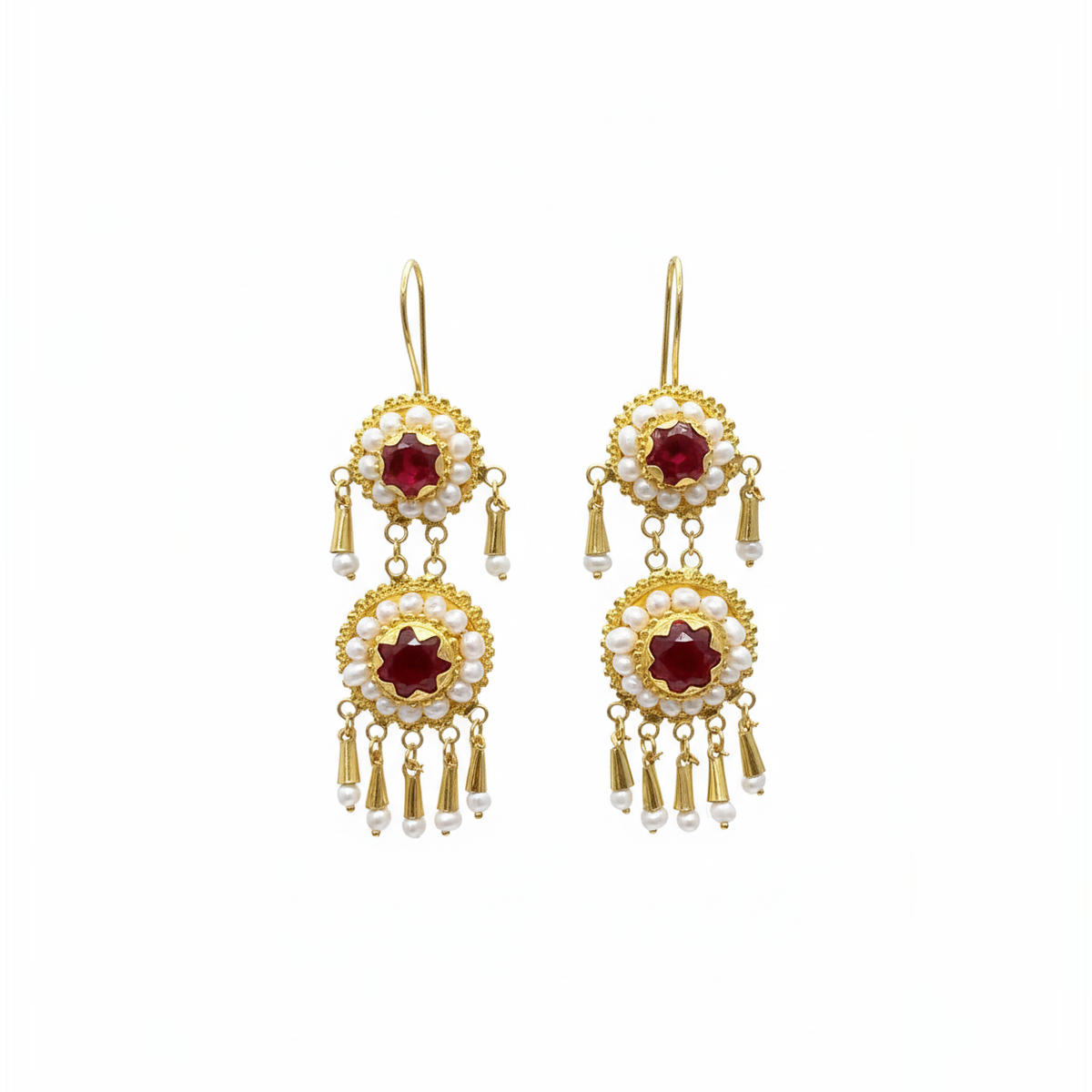 14 AYAR İNCİ VE KIRMIZI TAŞLI SALLANTILI UZUN KÜPE