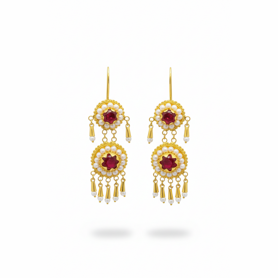 14 AYAR İNCİ VE KIRMIZI TAŞLI SALLANTILI UZUN KÜPE