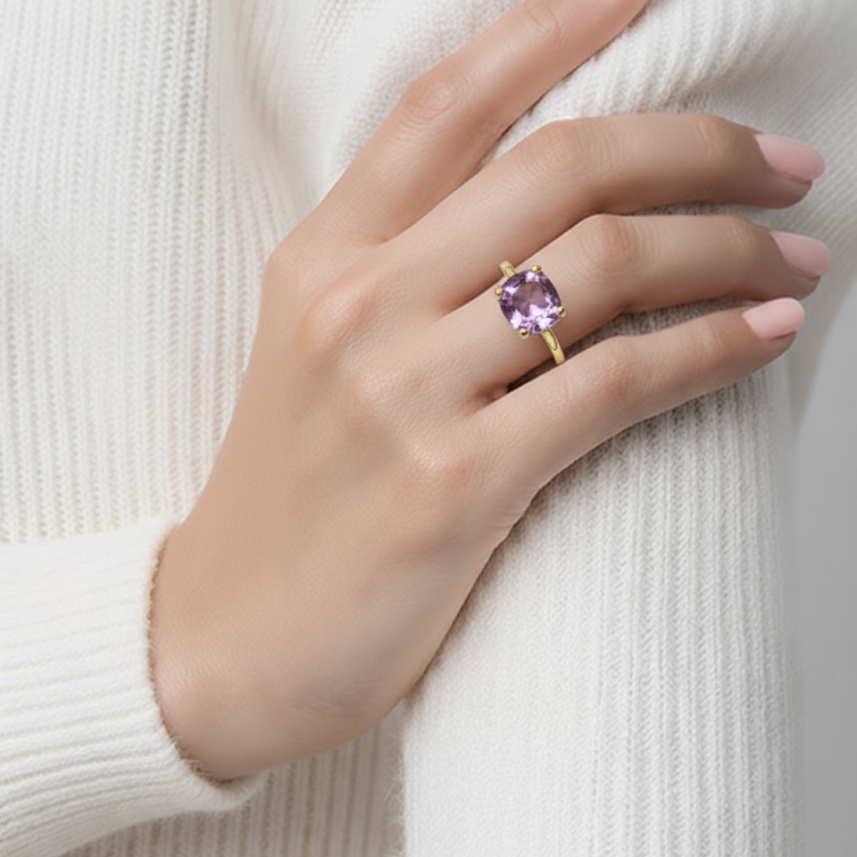 14 AYAR ÖZEL TASARIM KARE ASSCHER KESİM AMETİST TAŞLI ALTIN YÜZÜK