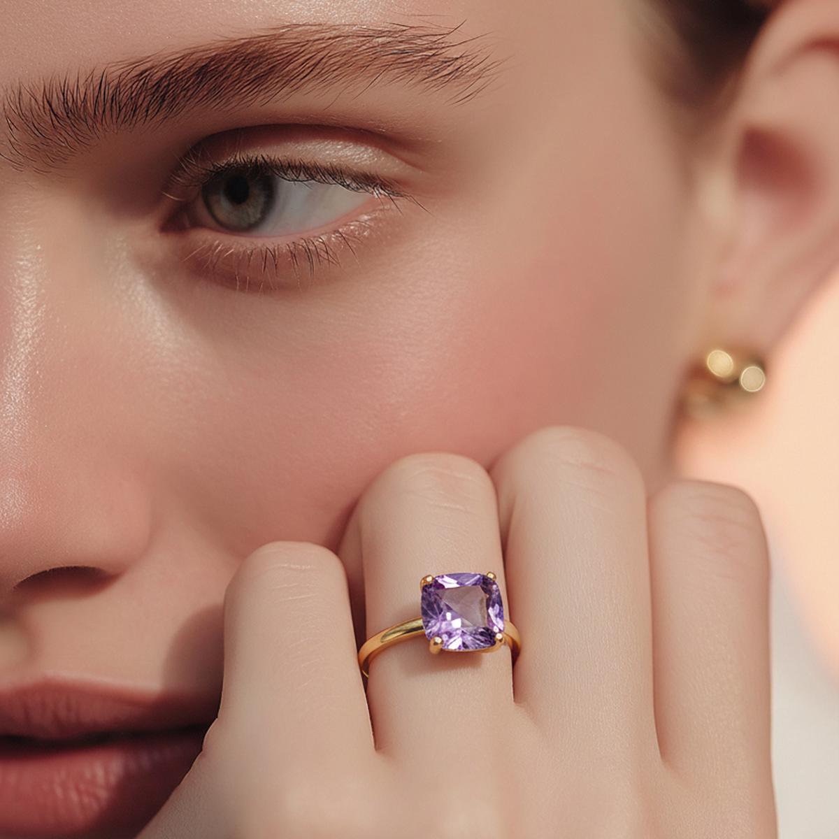 14 AYAR ÖZEL TASARIM KARE ASSCHER KESİM AMETİST TAŞLI ALTIN YÜZÜK