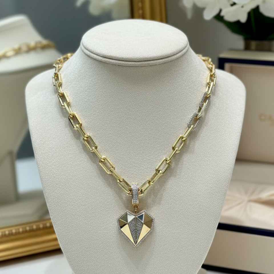 14 AYAR KALP UÇLU İTALYAN ZİNCİRLİ KOLYE