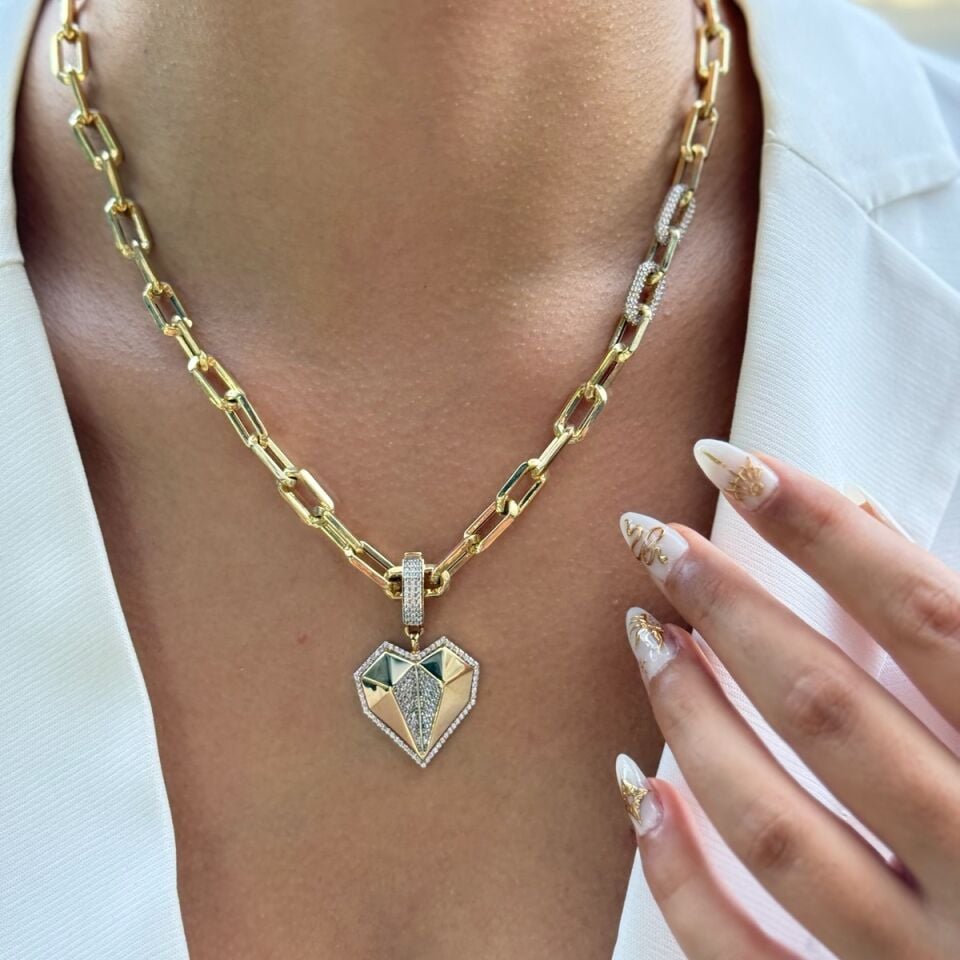 14 AYAR KALP UÇLU İTALYAN ZİNCİRLİ KOLYE