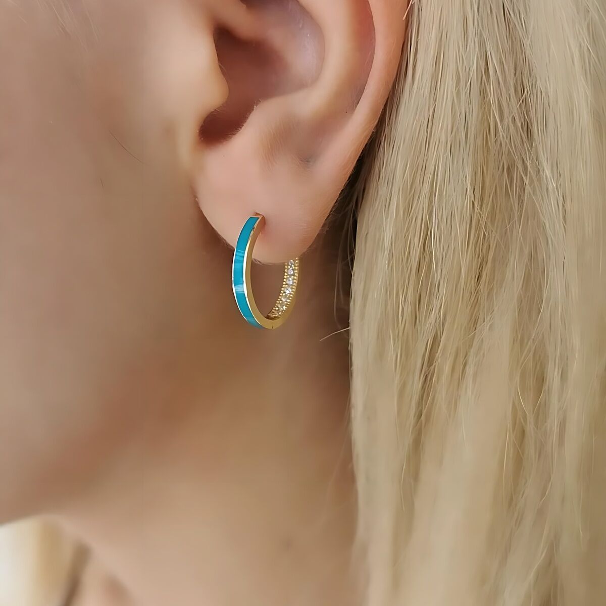 14 AYAR TURKUAZ MİNELİ İTALYAN HALKA KÜPE