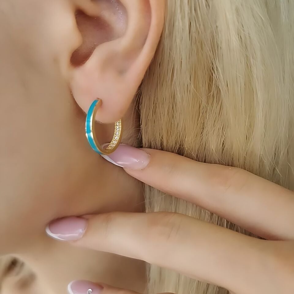 14 AYAR TURKUAZ MİNELİ İTALYAN HALKA KÜPE