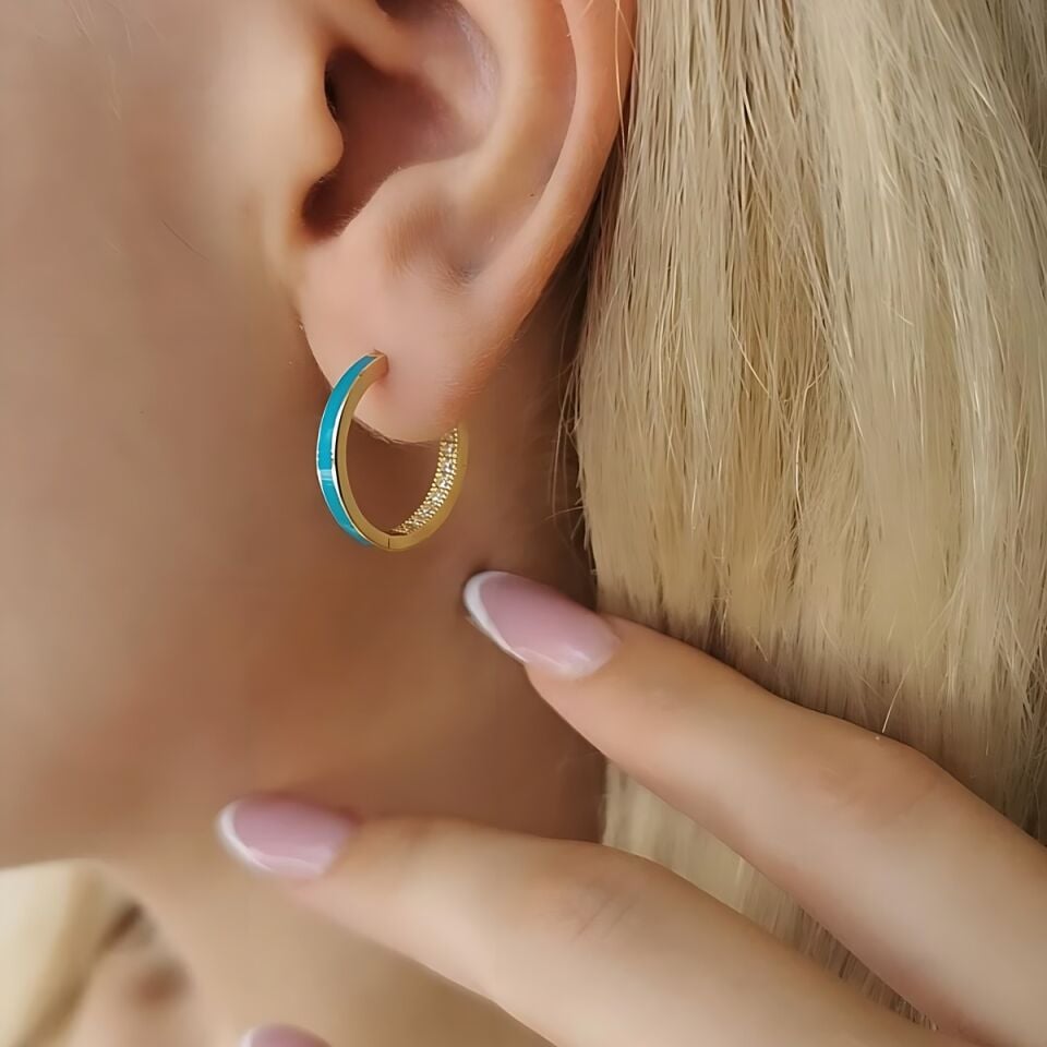 14 AYAR TURKUAZ MİNELİ İTALYAN HALKA KÜPE