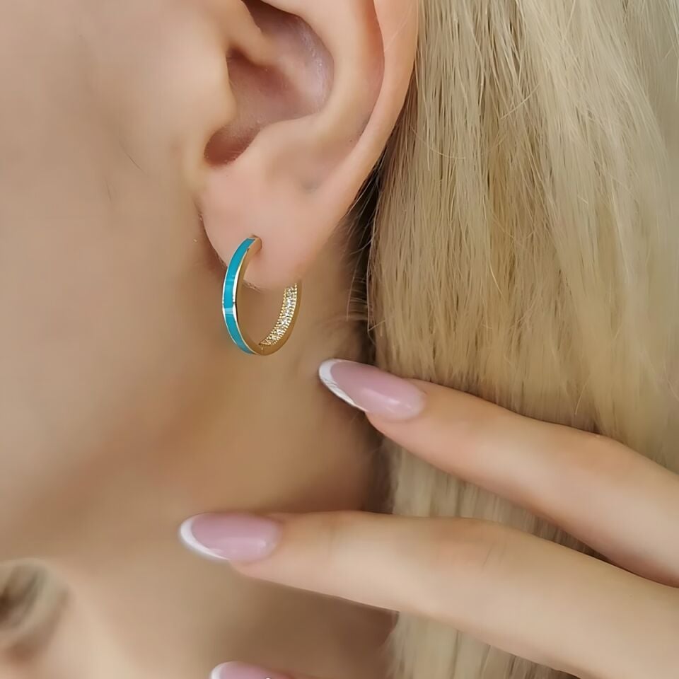 14 AYAR TURKUAZ MİNELİ İTALYAN HALKA KÜPE