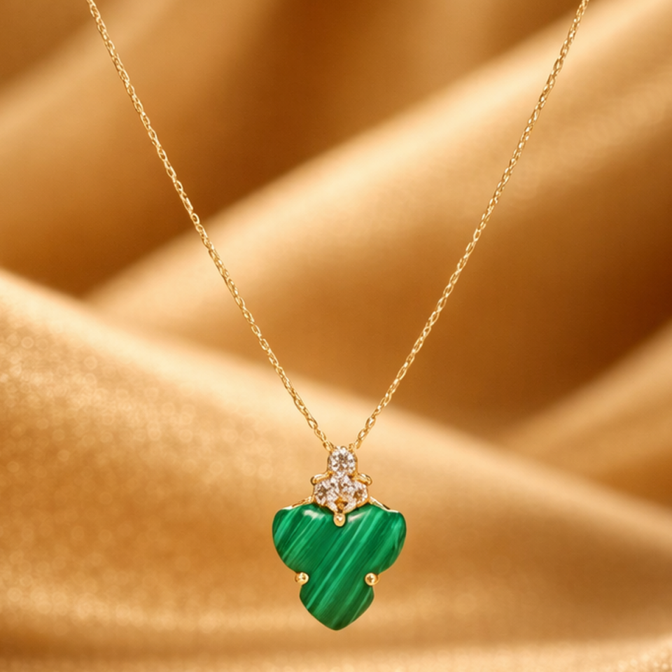 14 AYAR YEŞİL MALAHİT TAŞLI ÖZEL TASARIM ALTIN KOLYE