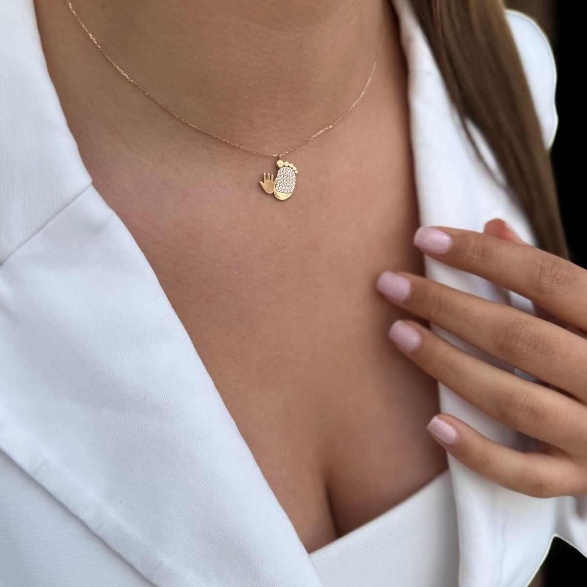 14 Ayar Rose Rengi El Ayak Anne Çocuk Kolyesi